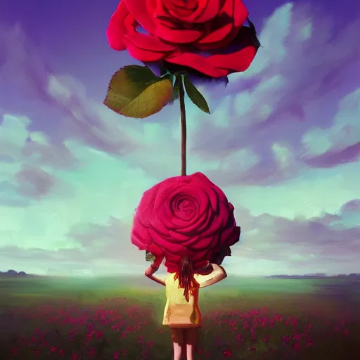 Prompt: closeup, giant rose flower as a head, frontal, a girl in a suit, surreal photography, sunrise, blue sky, dramatic light, impressionist painting, digital painting, artstation, simon stalenhag