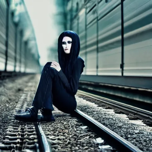 Image similar to slim goth girl sitting on a train, evening, super realistic, perfect lighting, detailed, high contrast, bokeh