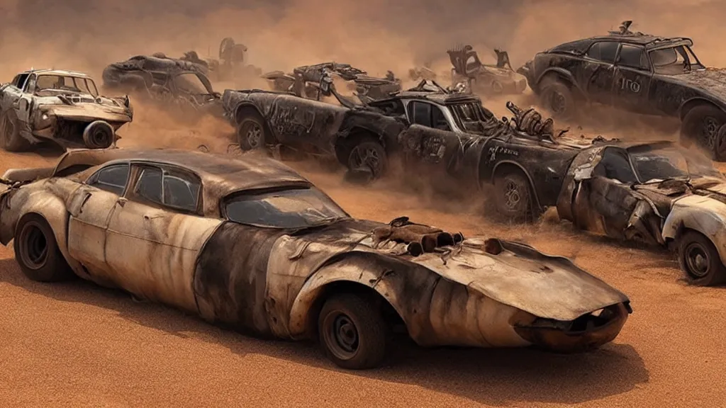 Image similar to mad max cars in a pixar movie