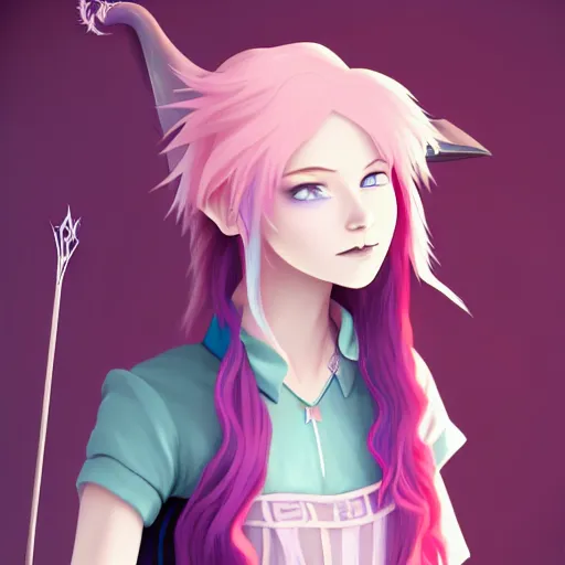 Image similar to A young adult witch with a cottage-core aesthetic with rose-colored hair and teal clothing, Nobutaka Ike, character design, fantasy, 8k resolution