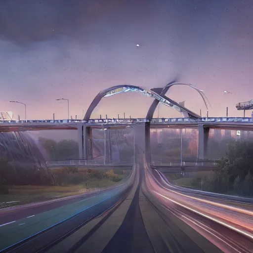 Image similar to futuristic provencher bridge in winnipeg manitoba, victor einrich, gregory crewdson, ian mcque, mike winkelmann, simon stalenhag,