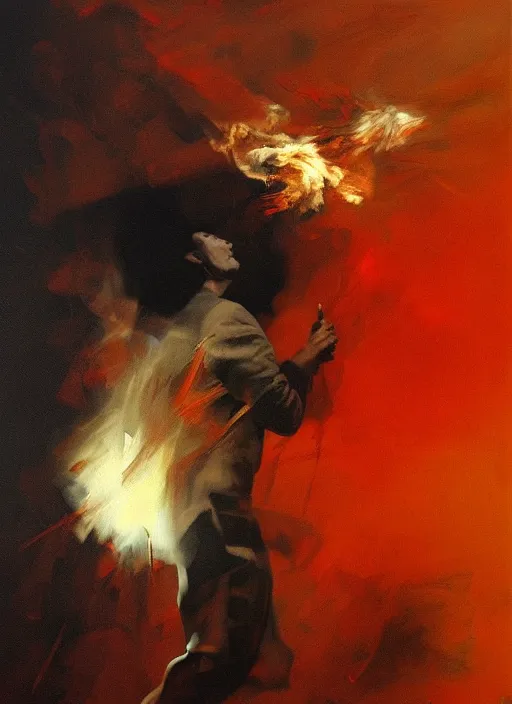 Prompt: pale floating husk in red light, billowing smoke, painting by phil hale, fransico goya,'action lines '!!!, graphic style, visible brushstrokes, motionb blur, blurry, visible paint texture, crisp hd image