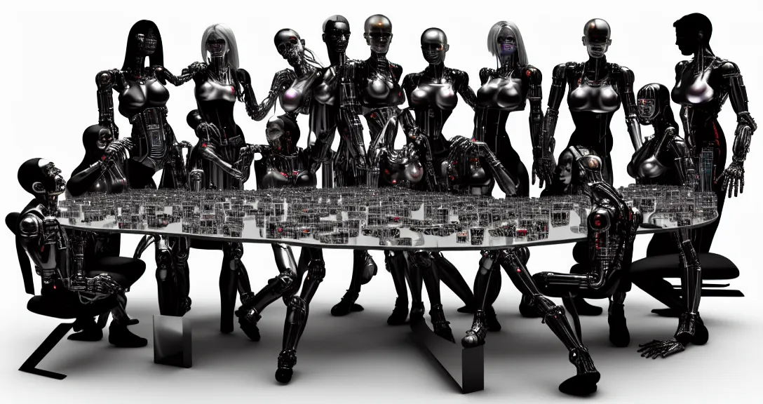 Image similar to beauty, !13 diverse cyborgs on !one_side of a reflective !cybernetic table, !!posing_as_last_supper, inticrate detailed glowing implants, !!highly detailed, dramatic lighting, electrical details, high details, beautiful lighting