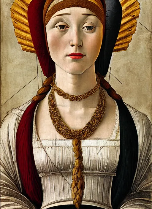 Image similar to portrait of young woman in renaissance dress and renaissance headdress, art by sandro botticelli