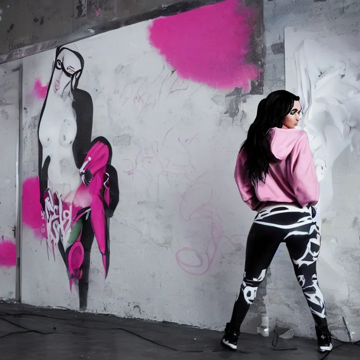 Image similar to kim kardashian doing graffiti mural in a derelict room, dust mist, rear-shot, pov from behind, very skin tight white leggings with a pink hoody with hood up, mold, intricate, epic lighting, cinematic composition, hyper realistic, 8k resolution, unreal engine 5