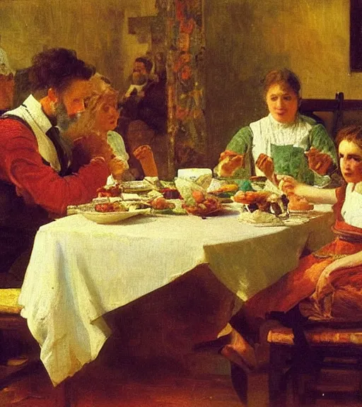 Image similar to high quality high detail painting by ilya repin, family dinner, hd