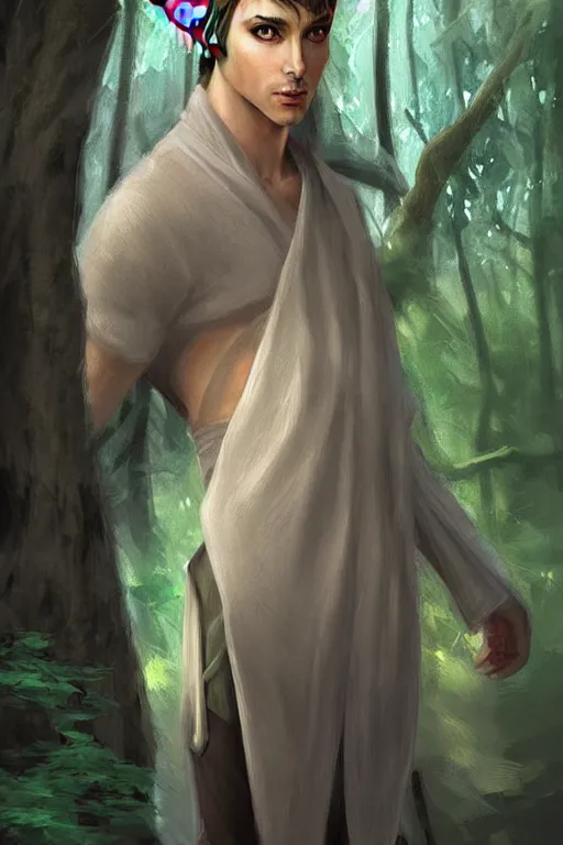 Prompt: beautiful, digital art, portrait painting of a male elf wizard, wearing linen cloth. forest background. artstation, by jisu choe