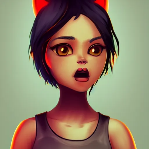 Prompt: tomboy cartoon girl with dark skin, black hair, wolf ears and glowing orange eyes, deviantart, artstation