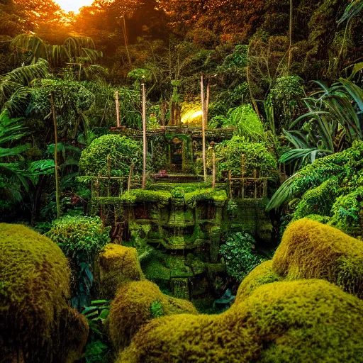 Image similar to a jungle temple surrounded by moss and tropical flowers, with a sunset, by alex horley, bokeh photography, amaranth colour