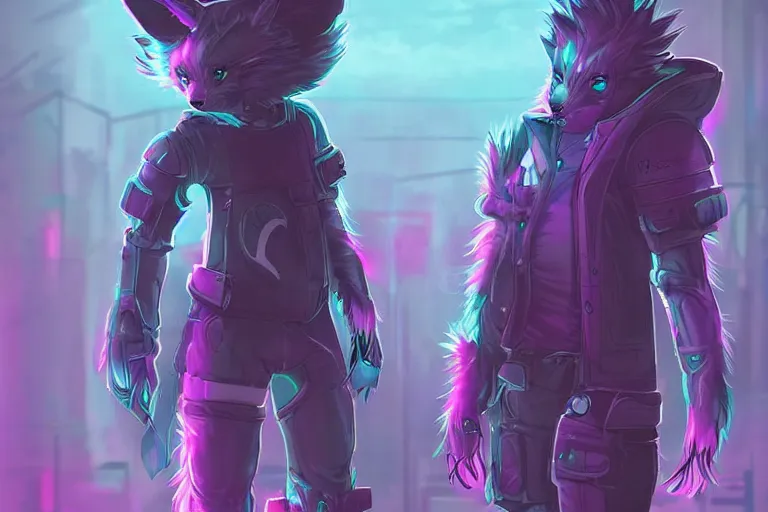 Image similar to a cyberpunk anthropomorphic wolf with a fluffy tail, comic art, trending on furaffinity, cartoon, kawaii, backlighting, furry art!!!, neon, concept art