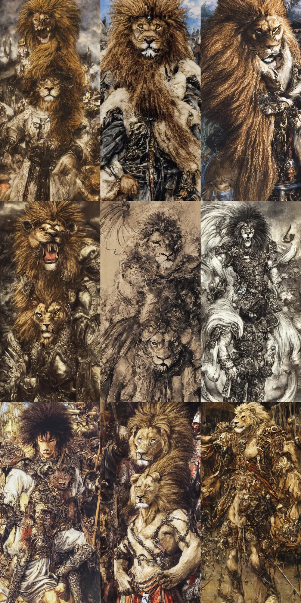 Image similar to 8 k yoshitaka amano painting of upper body of a young cool looking lion beastman with white mane at a medieval market at windy day. depth of field. he is wearing complex fantasy clothing. he has huge paws. renaissance style lighting.