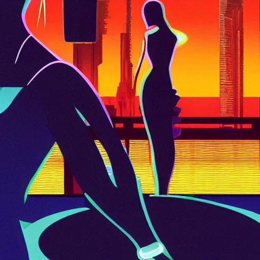 Prompt: a woman transforming into digital data, in the background a big city, at sunset, cyberpunk style, art by syd mead