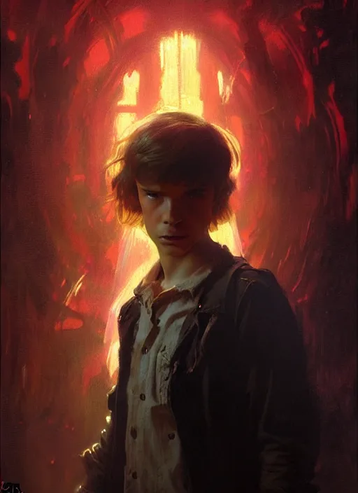 Prompt: illustration by gaston bussiere, gerome, craig mullins, greg rutkowski, john singer sargent. portrait of eddie munson joseph quinn, stranger things. 8 ß's neon retro. lights, glow, magical. dark background.