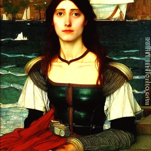 Prompt: Waterhouse, lady of shallot after Borg assimilation, detailed, ethereal, Cybernetic implant , Oil painting H 768