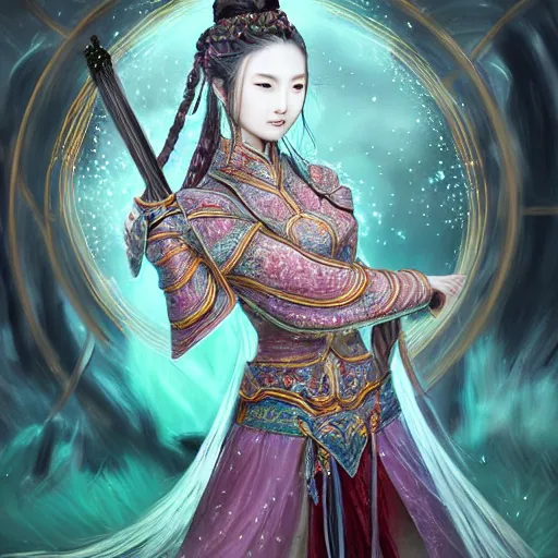 Image similar to beautiful ancient fantasy portrait of wuxia armor heroine, wearing Xian Xia wardrobe, in forbidden City, hybrid from Dynasty Warriror, flowers sea rainning everywhere, intricate, very very beautiful, elegant, highly detailed, digital painting, beautiful glowing galaxy eyes, human anatomy, hyperrealistic, soft light, dynamic, artbreeder, artstation, fantasy concept art, smooth, sharp focus, illustration, art by tian zi and alphonse mucha and WLOP