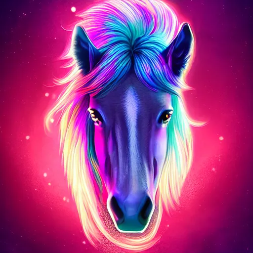 Prompt: digital horse, retrowave palette, highly detailed, anatomically correct equine, synth feel, smooth face, shorter mane, ear floof, flowing mane, no reins, super realism, accurate animal imagery, 4 k digital art
