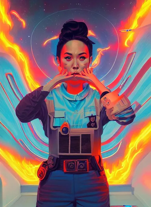 Image similar to burning police officer in sci fi prison, tristan eaton, victo ngai, artgerm, rhads, ross draws