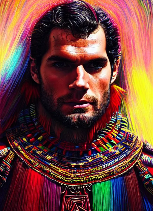 Image similar to portrait of henry cavill, hyper detailed ultra sharp aztec shaman warrior. trending on artstation, warpaint aesthetic, bloodwave, colorful, psychedelic, ornate, intricate, digital painting, concept art, smooth, sharp focus, illustration, art by artgerm and greg rutkowski and h. r. giger, 8 k