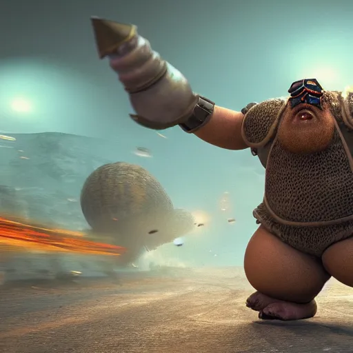 Image similar to highly detailed octane render of a short fat ugly man with a giant beard wearing goggles and armour and screaming and running in a cave whilst being chased by large insects