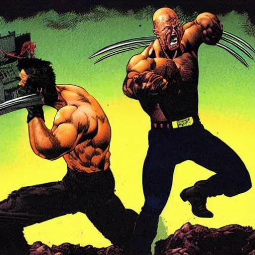 Prompt: wolverine fighting bruce willis, painted by richard corben,