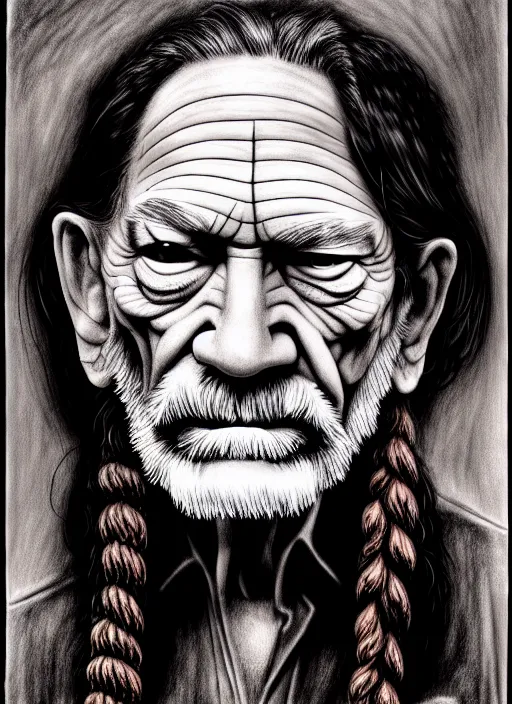 Image similar to an extremely detailed masterpiece grunge head and shoulders drawing of an old willie nelson, in the style of richard avedon, after life, loony toons style, horror themed, detailed, elegant, intricate, trending on artstation, 4 k