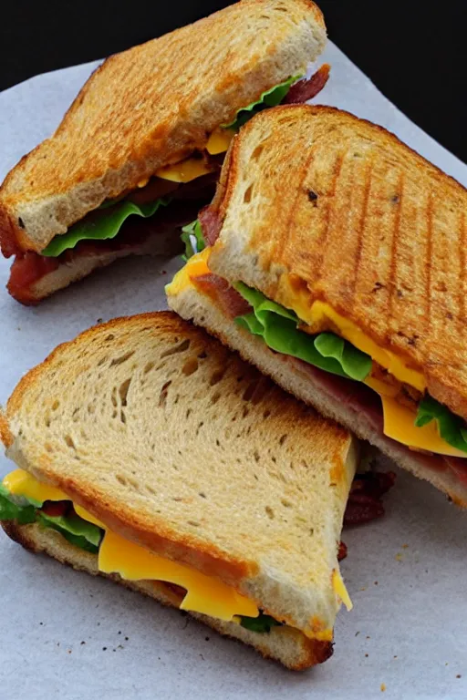 Image similar to building - sized bacon and cheddar sandwich