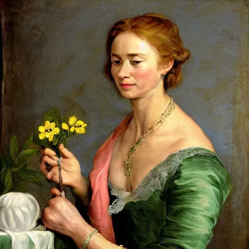 Image similar to Emily Blunt wearing green tunic holding a flower. Painted by Rubens, high detail