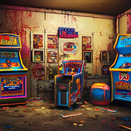 Prompt: large Mancave full of 80s toys games arcade games and wall posters Stuffy atmosphere, shadows, vintage, highly detailed, abandoned, octane render, blender, 4k