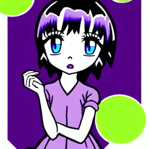 Prompt: the sprite logo personified as a cute sprite themed cartoon girl in the style of lavender town, margaret keane, large dark eyes, extremely detailed and colorful eyes.