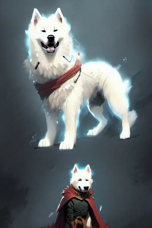 Image similar to comic book cover. heroic samoyed dog in mage clothes by greg rutkowski, trending on artstation