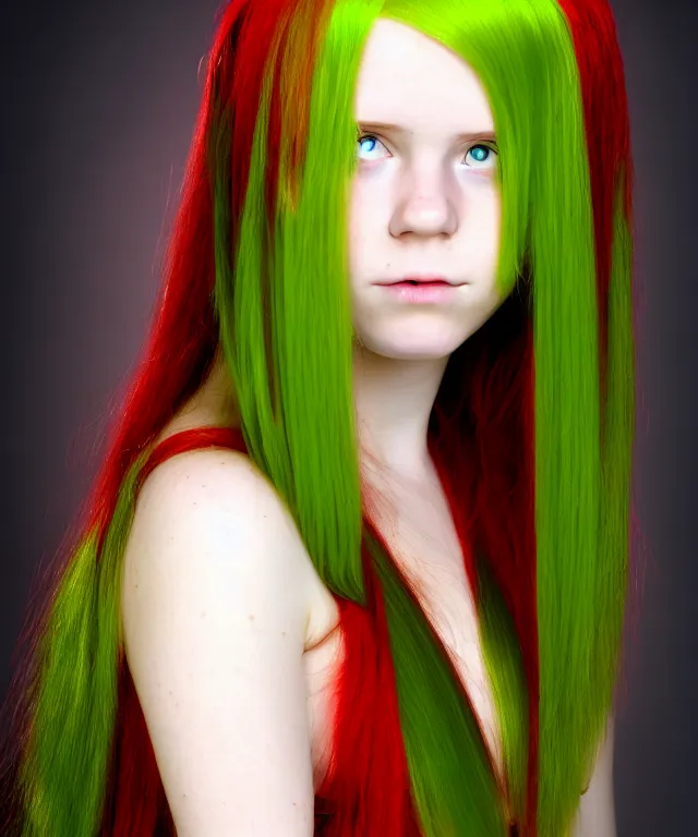 Image similar to Fae teenage girl, portrait, long red hair, green highlights