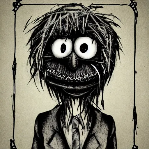 Image similar to dark art cartoon grunge drawing of elmo by tim burton - loony toons style, horror theme, detailed, elegant, intricate, trending on art station