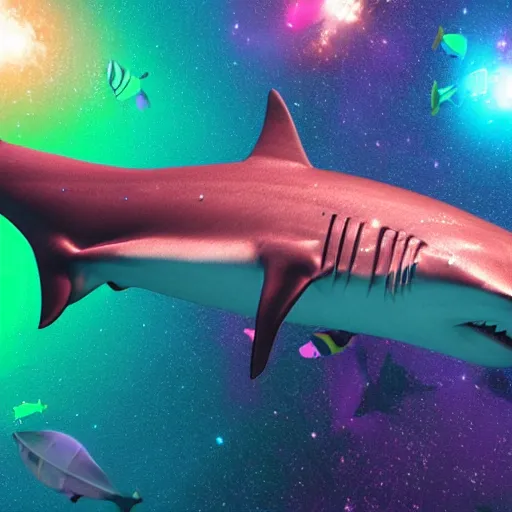 Image similar to Cosmic Shark for maintenance by an unprofessional cyber mackerel, colourful explosion behind. 4K 64 megapixels 8K resolution DSLR filmic HDR Kodak Ektar wide-angle lens 3D shading Behance HD CGSociety Cinema 4D IMAX shadow depth rendered in Blender Unreal Engine hyperrealism photoillustration, lots of reflective surfaces, subsurface scattering