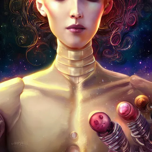 Image similar to a female robot AI painting beautiful cosmic art on a canvas, by artgerm and wlop and scott fischer and seb mckinnon, digital art, highly detailed, wide shot, intricate, fantasy, mystical, sharp focus, Trending on Artstation HQ, deviantart, unreal engine 5, 4K UHD image