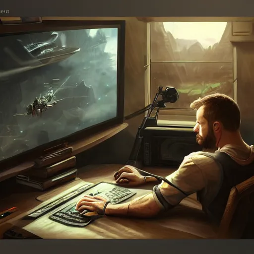 Prompt: realistic man using laptop in gaming room, artstation trends, sci fi concept art, highly detailed, intricate, sharp focus, digital art, 8 k