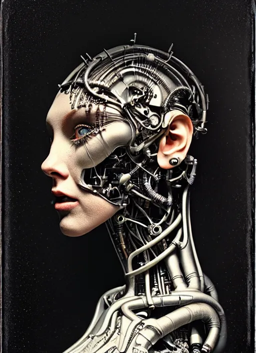 Image similar to a female cyborg profile face, by h. r. giger, by ismail inceoglu, by kiki smith, glamor shot, ambrotype, closeup, f / 2. 8, low contrast, 1 6 k, rim lighting, cinematic lighting, insanely detailed and intricate, hypermaximalist, elegant, ornate, hyper realistic, super detailed