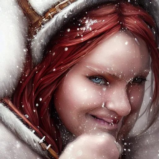 Prompt: epic portrait An viking woman smiling in blizzardy winter, beauty, pretty face, glossy skin, beautiful eyelashes, red long flowing hair, blurry backround, digital painting, artstation, concept art, soft light, hdri, smooth, sharp focus, illustration, fantasy, intricate, elegant, highly detailed, D&D, matte painting, in the style of Greg Rutkowski and Alphonse Mucha and artemisia, 8k, highly detailed, jurgens, rutkowski, bouguereau, pastoral, rustic, georgic