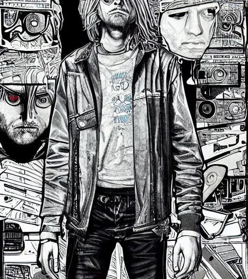 Prompt: Kurt Cobain with multiple digital patchwork faces, techwear, Industrial Scifi, detailed illustration, character portrait, by Martin Grip and Moebius