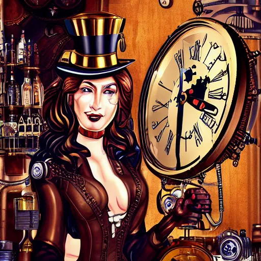 Prompt: digital clockwork woman drinking in a pub, steampunk style,