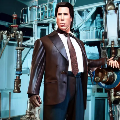 Prompt: animatronic John Travolta, exposed mechanics, photo, Stan Winston studios, detailed, 4k