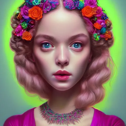 Image similar to a portrait of an beautiful young women, bright colors highly detailed, ultra realistic digital painting, rococo, artstation, concept art, pop, smooth, sharp focus, illustration, art by mark ryden 3 d 8 k ultra detailed