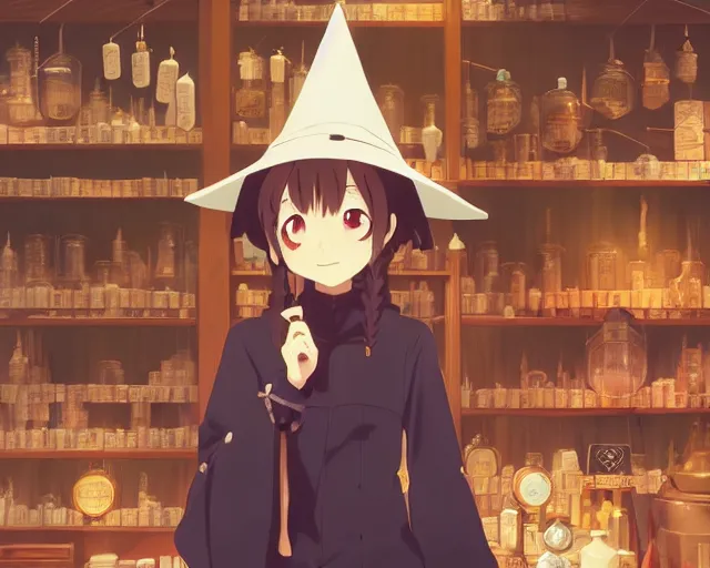 Prompt: anime visual, portrait of a young female traveler wearing a witch hat in a alchemist's potion shop interior, cute face by yoh yoshinari, katsura masakazu, cinematic luts, cold colors, dynamic pose, dynamic perspective, strong silhouette, anime cels, ilya kuvshinov, crisp and sharp, rounded eyes, moody