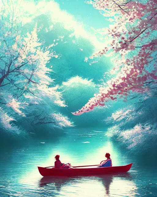 Image similar to a couple in a rowboat traveling down the river | cherry - blossoms | highly detailed | very intricate | serene romantic fantasy whimsical magical | soft bright natural morning light | pixar | award - winning | matte painting by anton fadeev and paul lehr and rhads and alena aenami | pastel color palette | featured on artstation