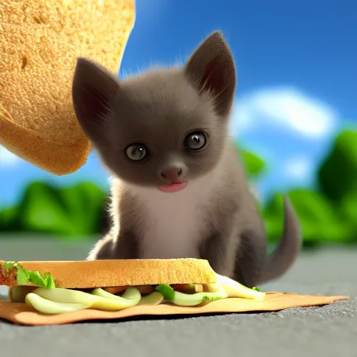 Image similar to a Bat kitten is eating a sandwich on sand which is sandy, 8k octane render.