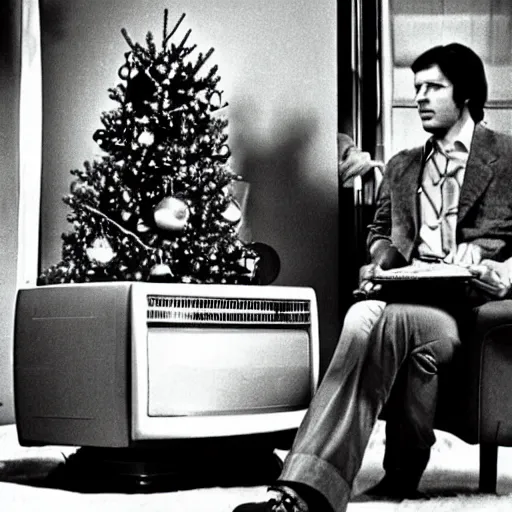 Prompt: a television from the 1970s in a living room next to a chair and a christmas tree, an alien is sitting on the chair, 1981 Life Magazine photo, depth of field