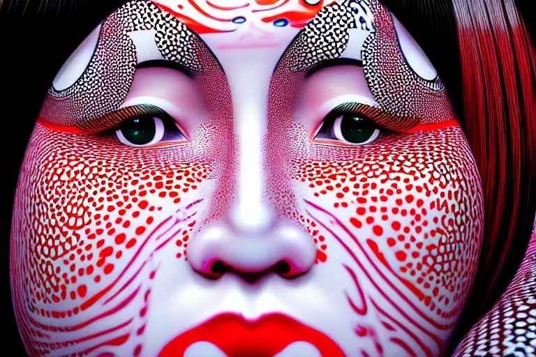 Image similar to hyperrealistic detailed image of a geisha laying in a art installation, high definition pattern design by yayoi kusama, part by kei mieno, part by alex gray, part by ross tran, part by james jean, ultra realistic, highly detailed, life like face, detailed body, 8 k, unreal engine 5, very cohesive