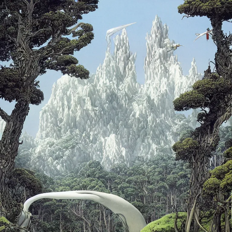 Image similar to a matte painting of a surreal white castle surrounded by exotic trees on a tall mountain by moebius