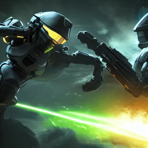 Prompt: Masterchief and Cortana destroying a Covenant supercarrier, wallpaper