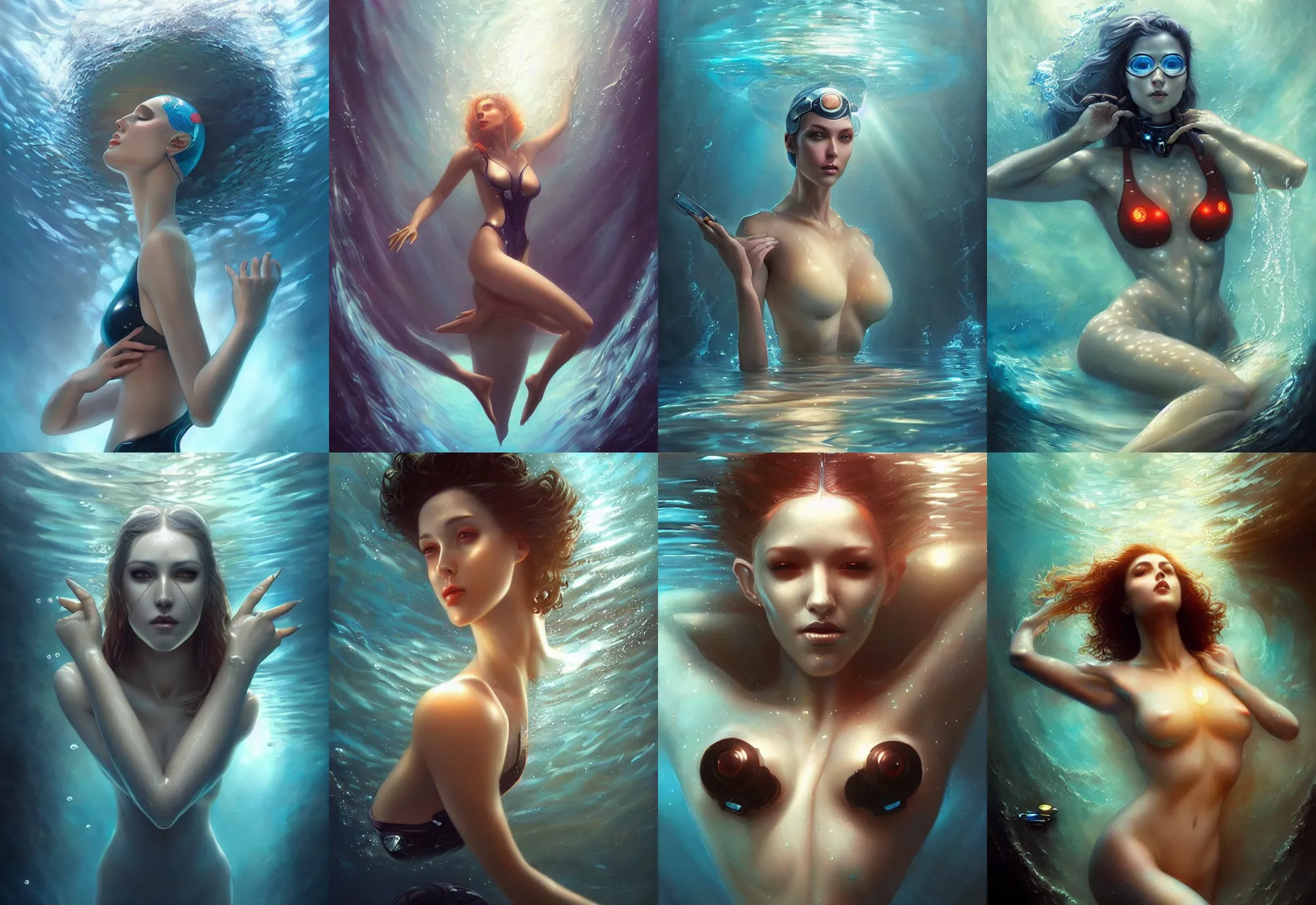 Prompt: a beautiful woman with cybernetic implants swimming underwater, painted by artgerm and tom bagshaw, fantasy art, dramatic lighting, highly detailed oil painting