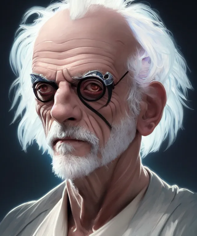 Prompt: portrait of chibi shaven christopher lloyd, his white hair is wild, intricate, headshot, highly detailed, digital painting, artstation, concept art, sharp focus, cinematic lighting, illustration, art by artgerm and greg rutkowski, alphonse mucha, cgsociety